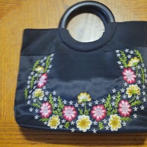Floral Embroidered Black Handbag